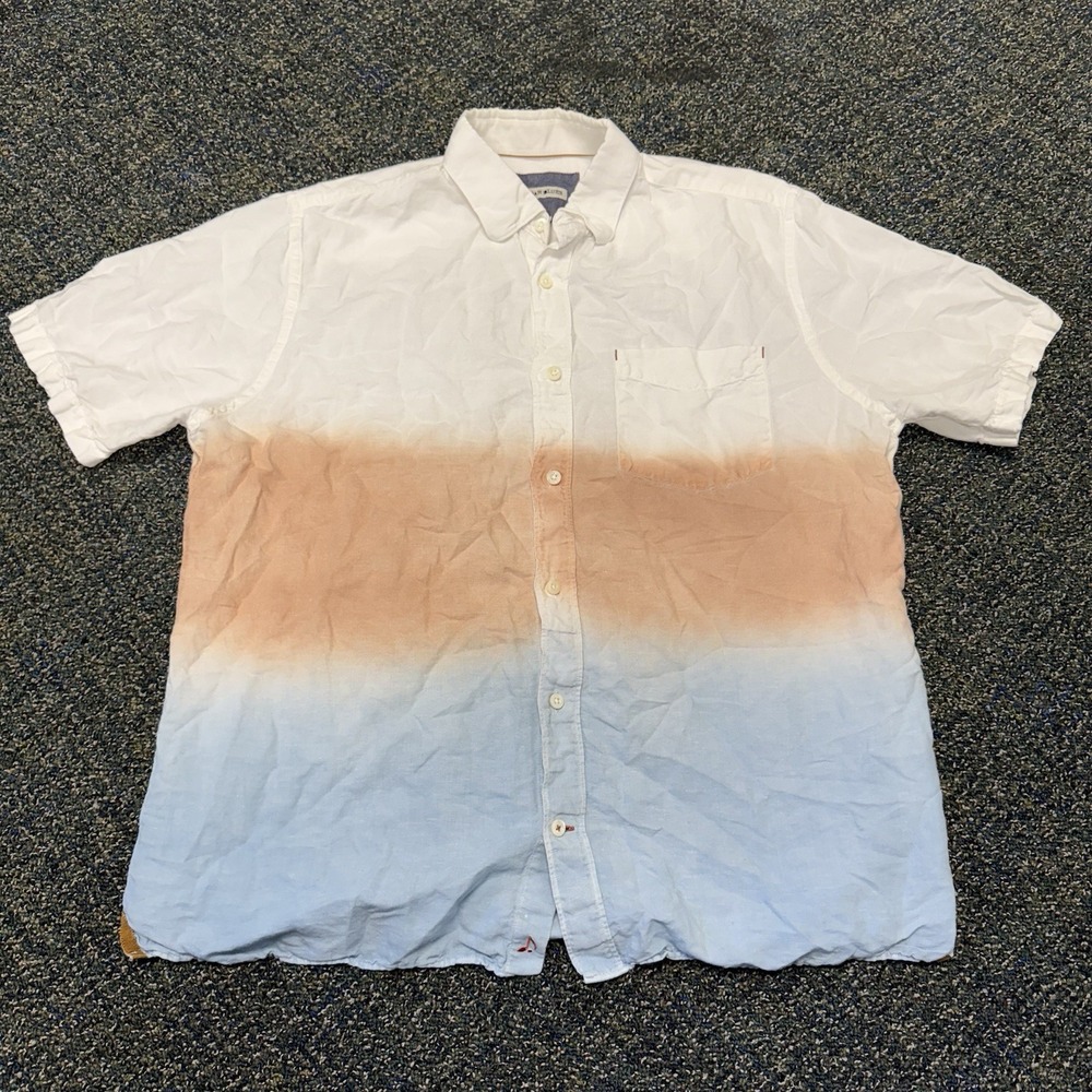 32‎ Bar Blues Shirt Mens  L Textured Linen Blend Short Sleeve Button